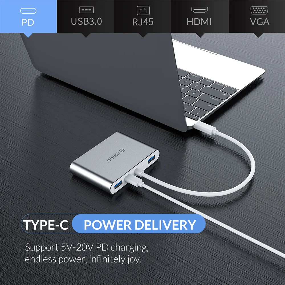 ORICO USB C концентратор для ноутбука PD функция зарядки алюминиевый сплав тип-c к HDMI/VGA/USB3.0/RJ45/SD TF кардридер 7 моделей серый