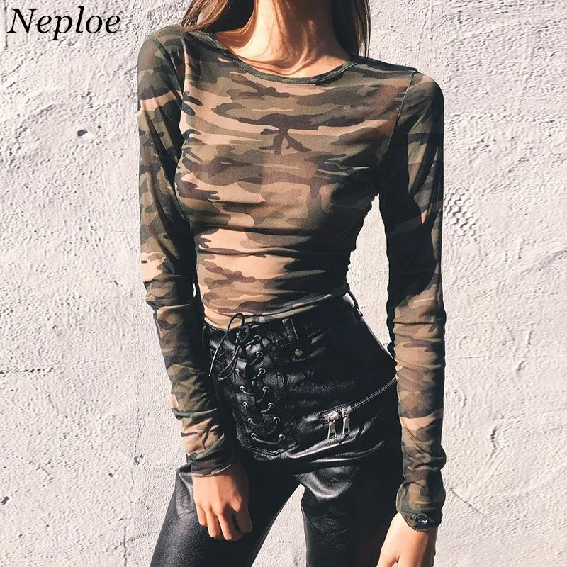 Женская камуфляжная футболка Neploe европейская с круглым вырезом и длинными