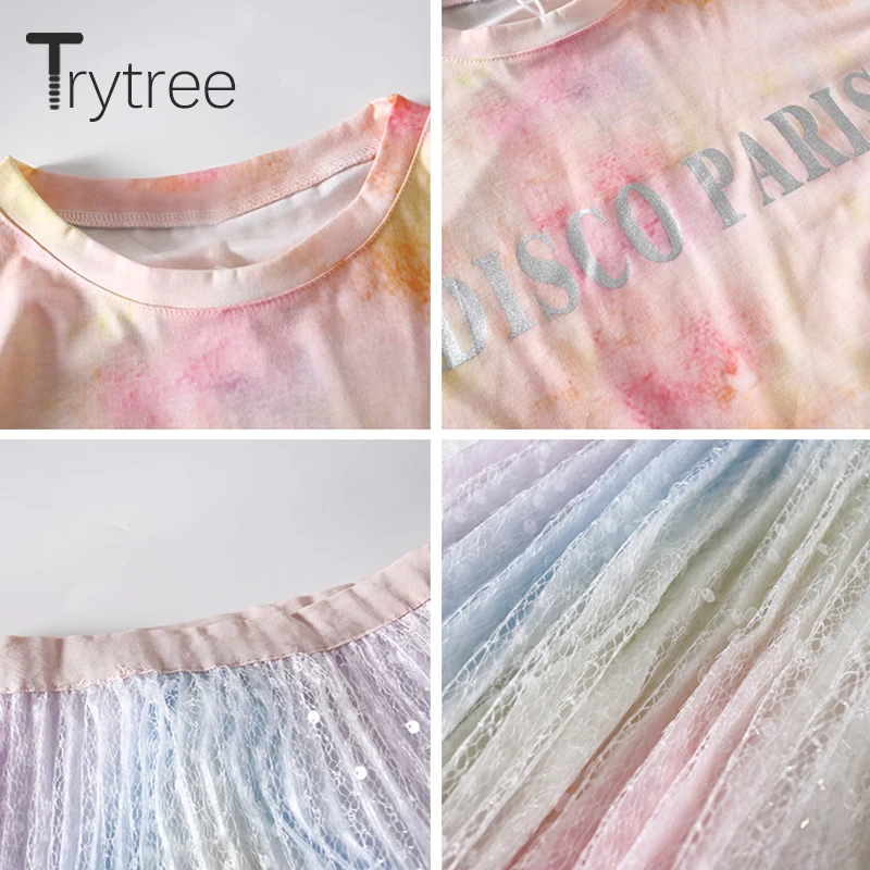 Trytree/летний женский костюм из двух предметов повседневный топ с круглым вырезом и