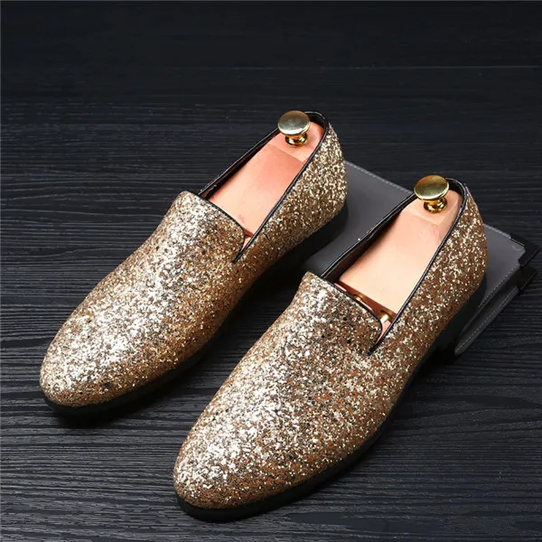 Golden Loafers Merkmak/мужские лоферы с блестящими пайетками; удобные повседневные мужские модельные туфли с блестящими пайетками; мужская обувь на плоской подошве без шнуровки; большие размеры 38-48 - Цвет: Golden Loafers