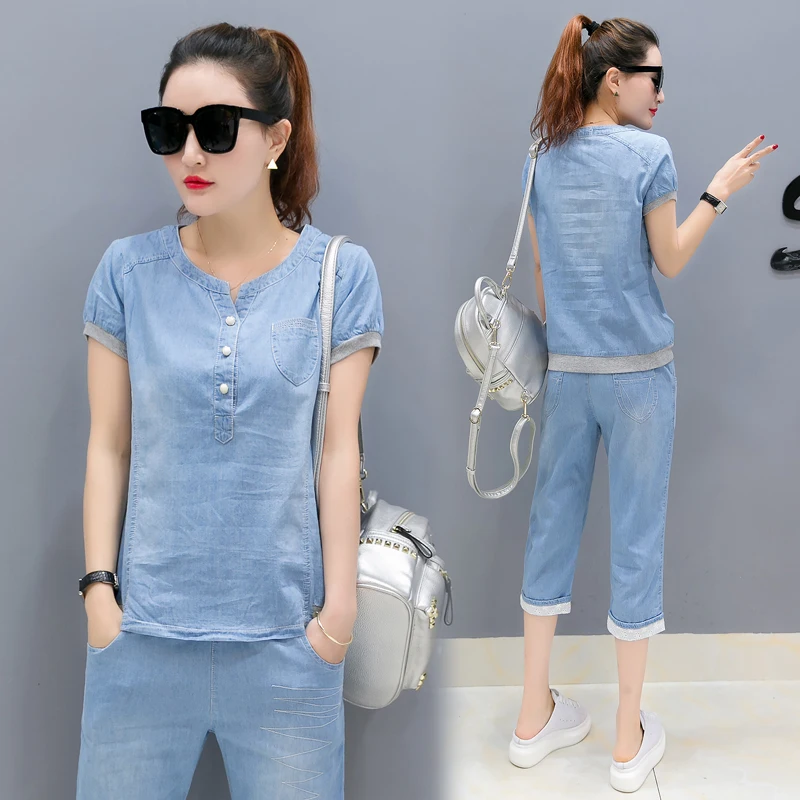 YICIYA Небесно-Голубой Джинсовый комплект, спортивный костюм для женщин, брючный костюм и топ размера плюс, большая спортивная одежда, летняя одежда