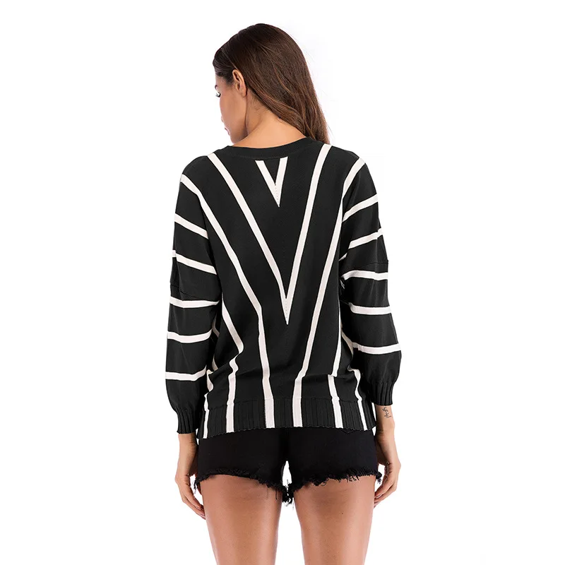 Полосатый свитер женские пуловеры вязаный классический джемпер с v-образным