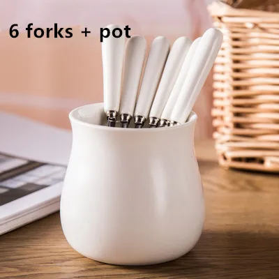6 Forks and Pot Креативная столовая посуда, керамические фруктовые вилки с горшком, кухонные аксессуары для десерта, фруктовая вилка - Цвет: 6 Forks and Pot