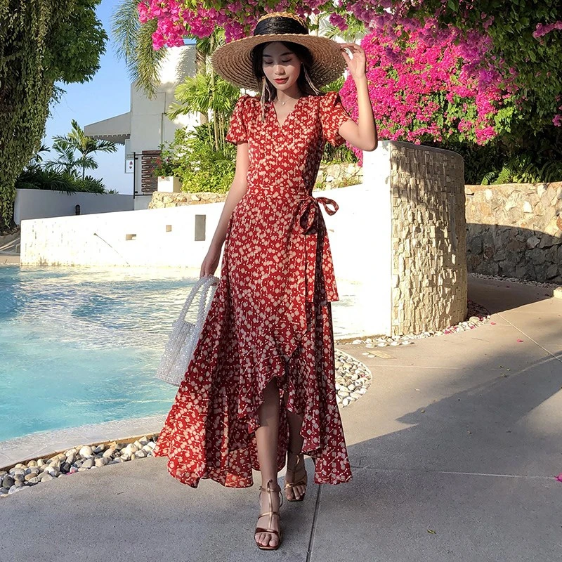 

Summer Dress 2020 Women Casual Ruffles V-neck Short Sleeve Chiffon Dress Vintage Floral Print Beach Party Dresses Vestidos