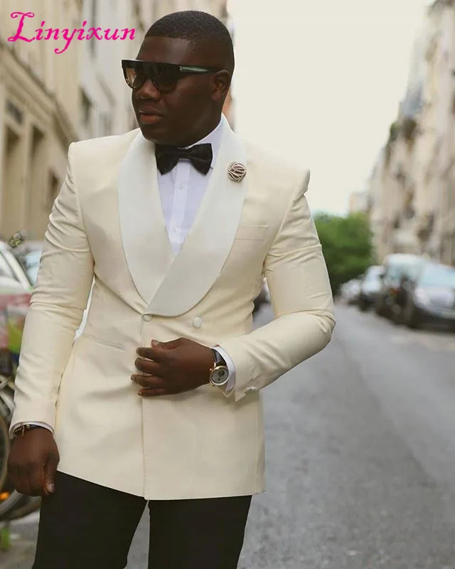 

Linyixun New Arrival 2021 Ivory Coat With Black Pant Double Breasted Suits Wedding Suits For Men Groomsman Best Man Suit Costume