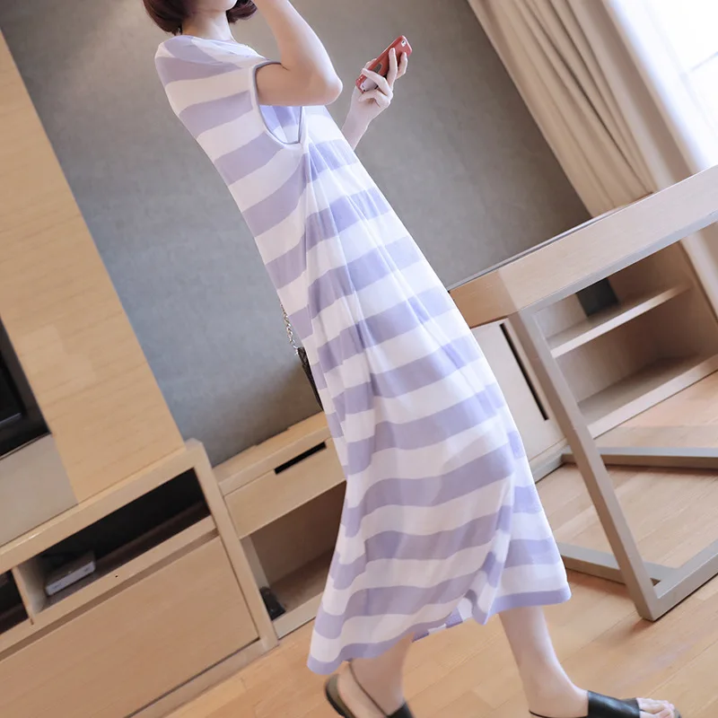 

Korean version of knit temperament long summer 2019 new women's short-sleeved loose large size striped dress