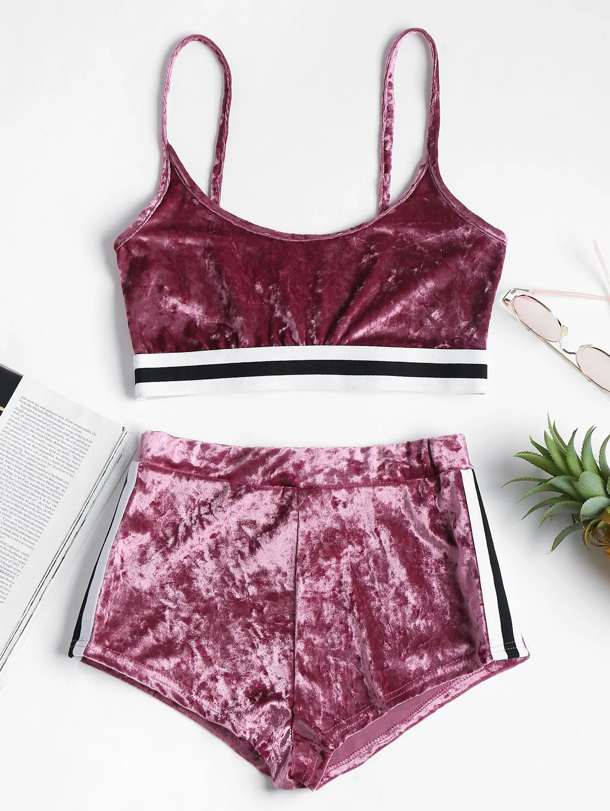 ZAFUL Полоски Ками Top Упругие шорты для женщин Летний пляж Симпатичные узкие ремни Тонкий Укороченные шорты из двух частей - Цвет: Tulip Pink