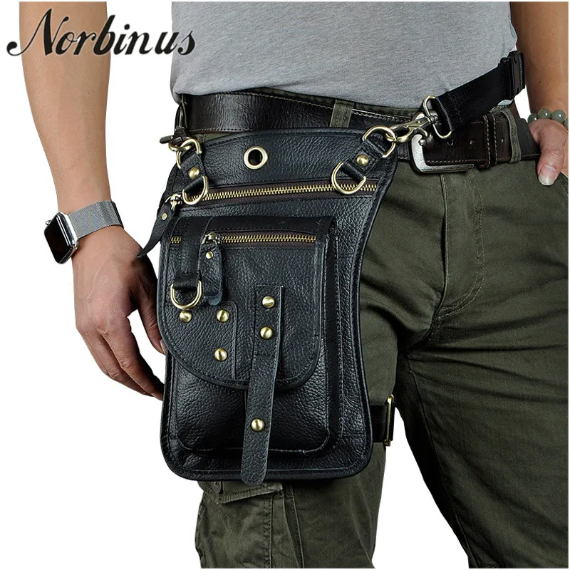 

Norbinus Genuine Leather Men Waist Bag Fanny Packs Motorcycle Thigh Drop Leg Bag Male Shoulder Messenger Bag Hip Belt Hook Pouch