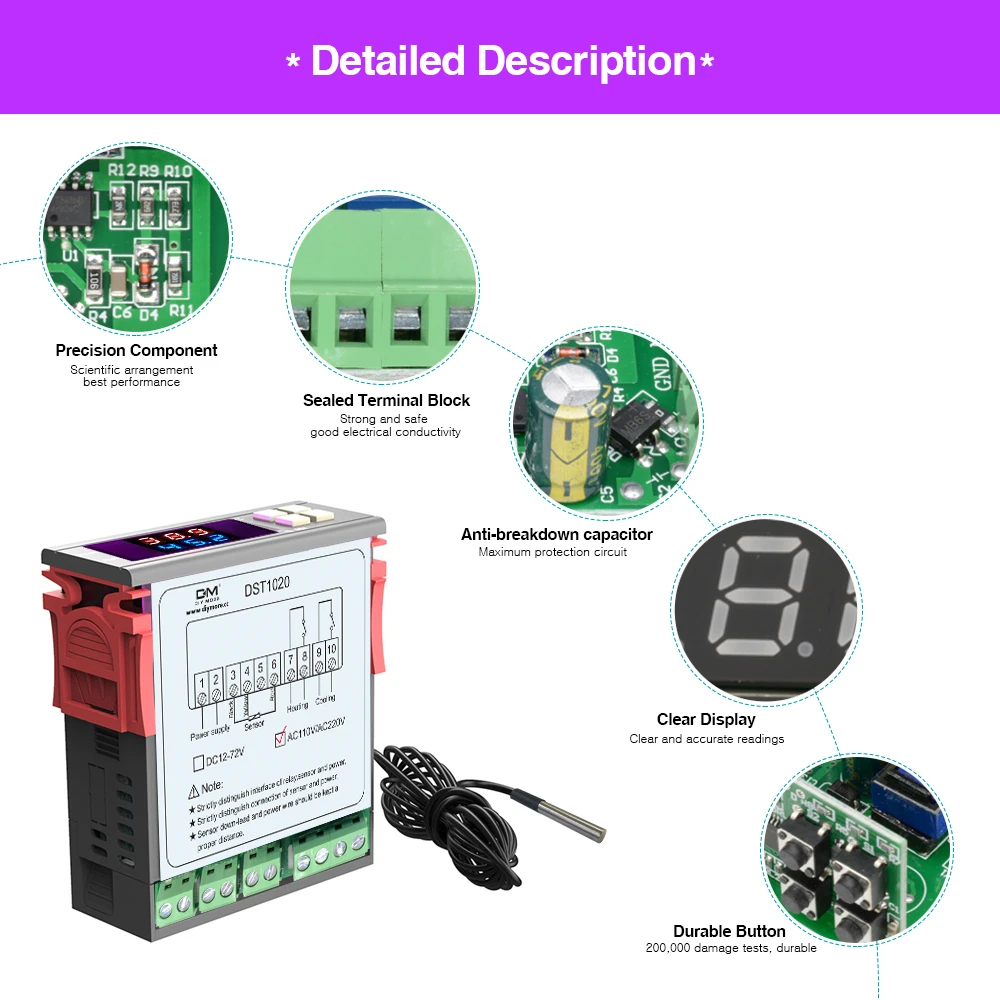 DST1020 DC 12-72 В AC 110 В 220 В двойной дисплей цифровой термостат контроллер температуры DS18B20 датчик Водонепроницаемый заменить STC-1000
