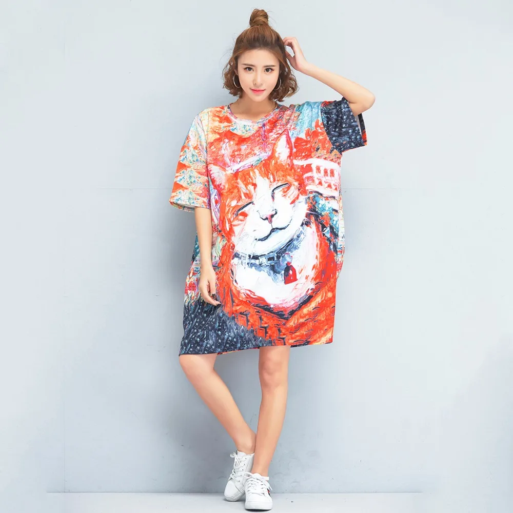 Подходит 3XL 5XL Большие размеры платье рубашка с принтом кота для женщин 2019 модные
