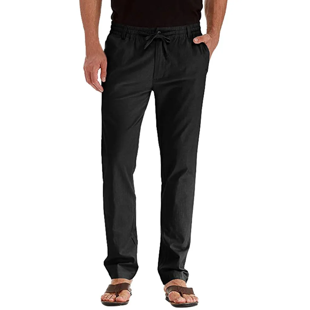 Черные мужские спортивные штаны повседневные льняные дышащие свободные длинные