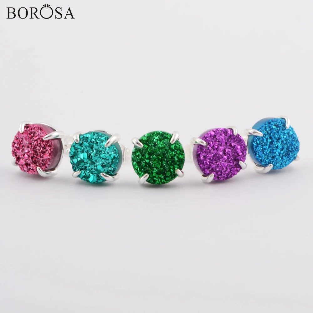 

BOROSA 5Pairs Silver Plated Claw Round 10mm Natural Agates Druzy Titanium Rainbow Drusy Stud Earring Women Jewelry ZS0412