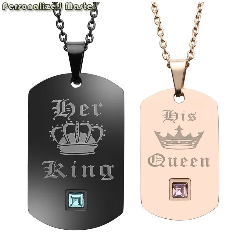 

Personalized Master Free Engraved Stainless Steel "Her King His Queen" Dog Tag Pendant Necklace with zircon for couples 2pcs