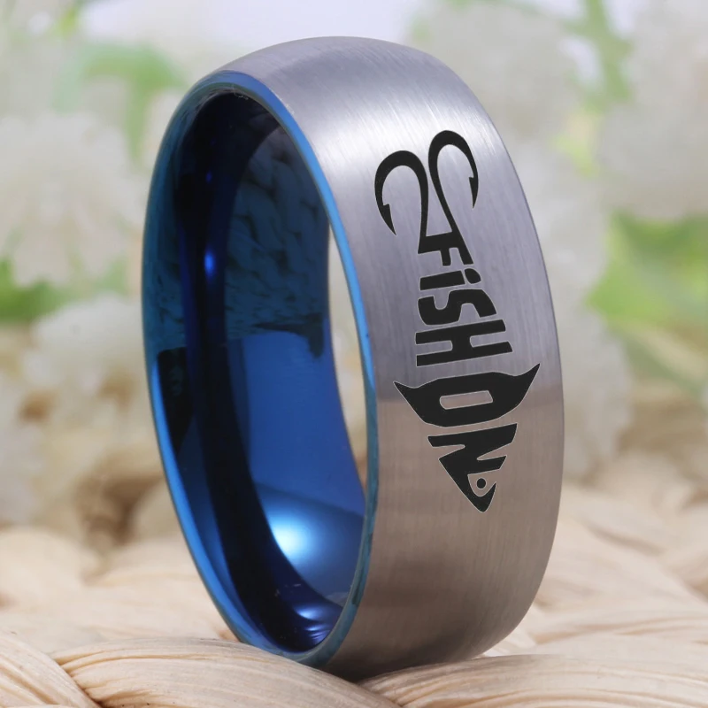 

YGK Jewelry Fish and Hooks Design Matte Silver With Blue Tungsten Ring New Men's Wedding Engagement Anniversary Gift Ring