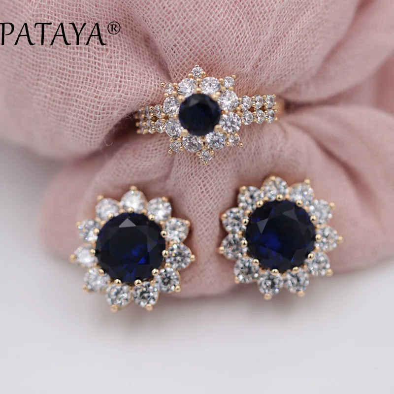 sapphire PATAYA, дизайн, темно-синий Подсолнух, Круглый, натуральный циркон, серьги, кольца, наборы, 585, розовое золото, женские свадебные Роскошные ювелирные изделия - Окраска металла: sapphire