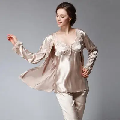 CEARPION, комплект пижамы из 3 предметов, атласная пижама, сексуальное кружевное Женское ночное белье+ халат+ штаны, комплект, халат, плюс размер - Цвет: Camel