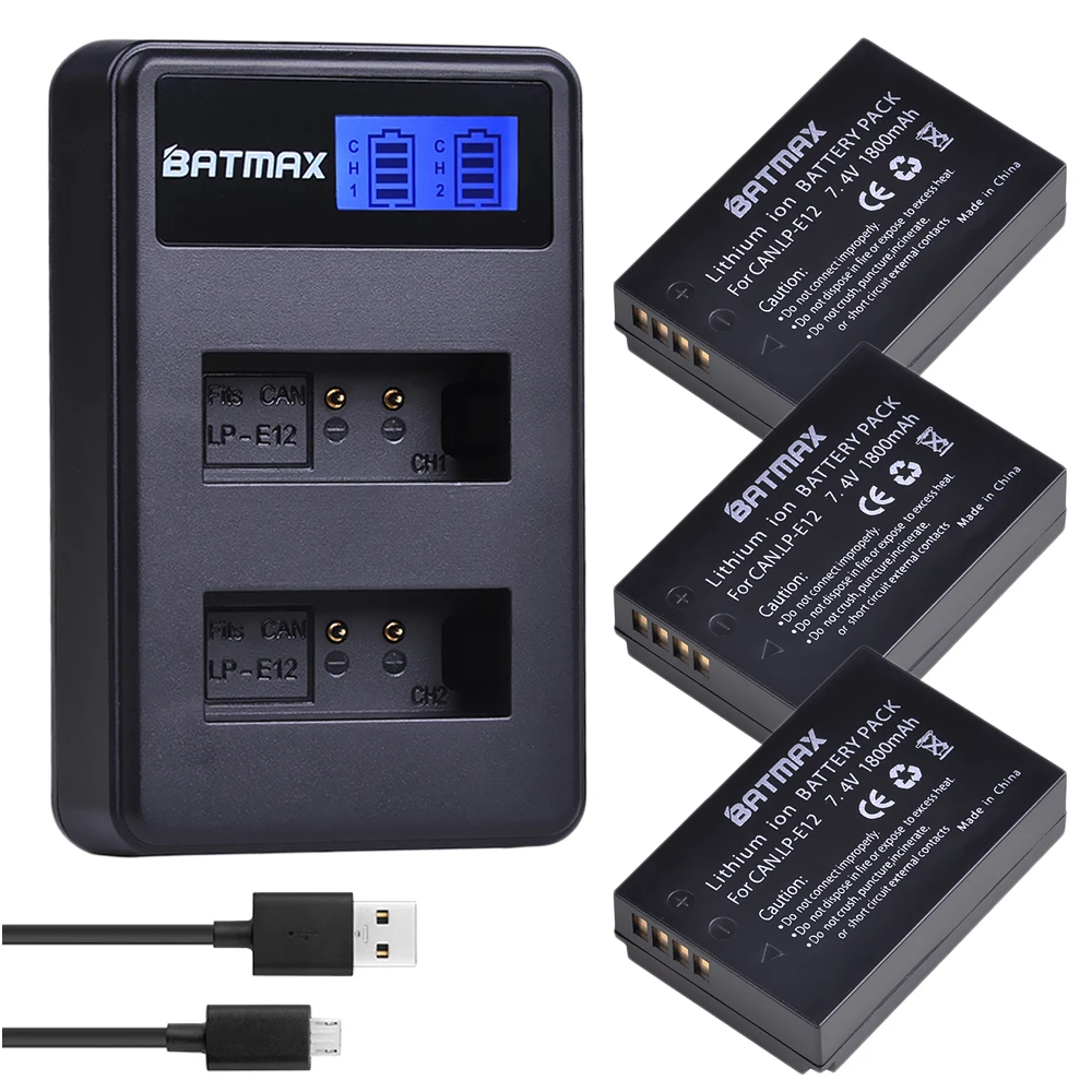 Batmax 3 шт. LPE12 LP E12 аккумуляторная батарея + LCD двойное зарядное устройство USB для Canon