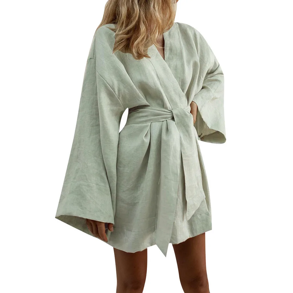 Женское мини-платье из хлопка на шнуровке с длинным рукавом d90704 | Женская одежда