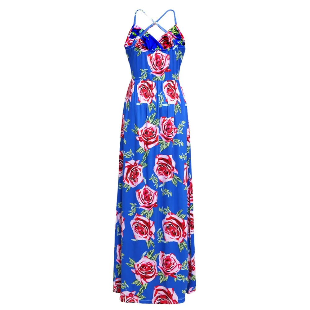 Дамы с цветочным принтом Длинные Boho богемное пляжное летнее платье Для женщин сарафан Sexy v-образным вырезом без рукавов ремень Макси Винтаж платье Vestido