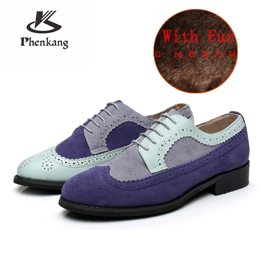 grey blue with fur Genuine cow leather brogue men flats shoes handmade vintage casual sneakers shoes oxford shoes for men blue grey with fur - Цвет: grey blue with fur