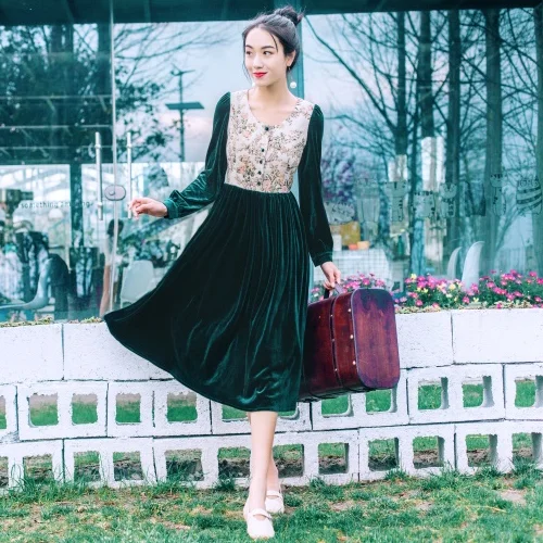 2018 новые модные женские платья ретро бархатное платье с длинными рукавами