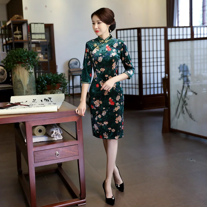 Женское бархатное короткое платье Qipao китайское традиционное винтажное большого