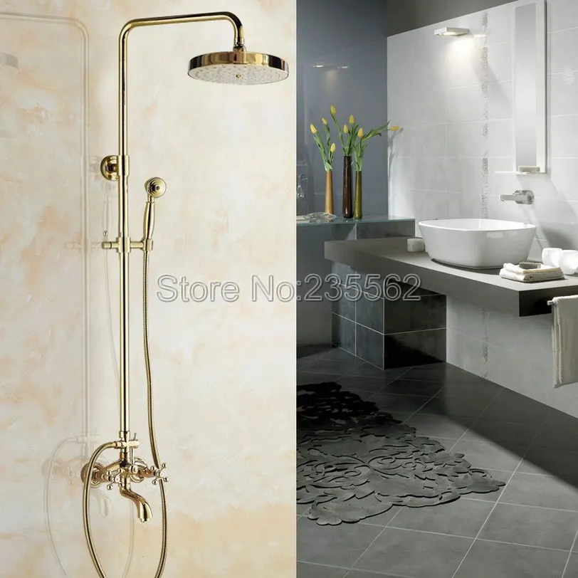 

Polished Gold Color Brass Bathroom Rainfall Shower Mixer Faucet Set with Bathtub Taps + Handheld Shower lgf445