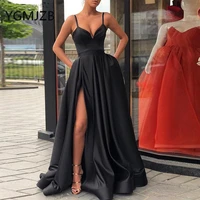 black long evening dresses with pockets 2019 a line high side split spaghetti straps women formal prom gown party dress