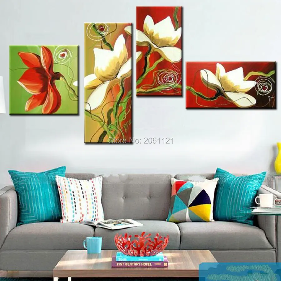 4 панели нерегулярная Современная Группа рисунок на холсте Цветы красный зеленый
