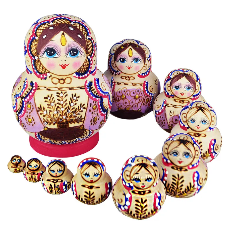 

10pcs Wooden Russian Hand Painted Nesting Dolls Babushka Matryoshka Dolls Gift -17 M09