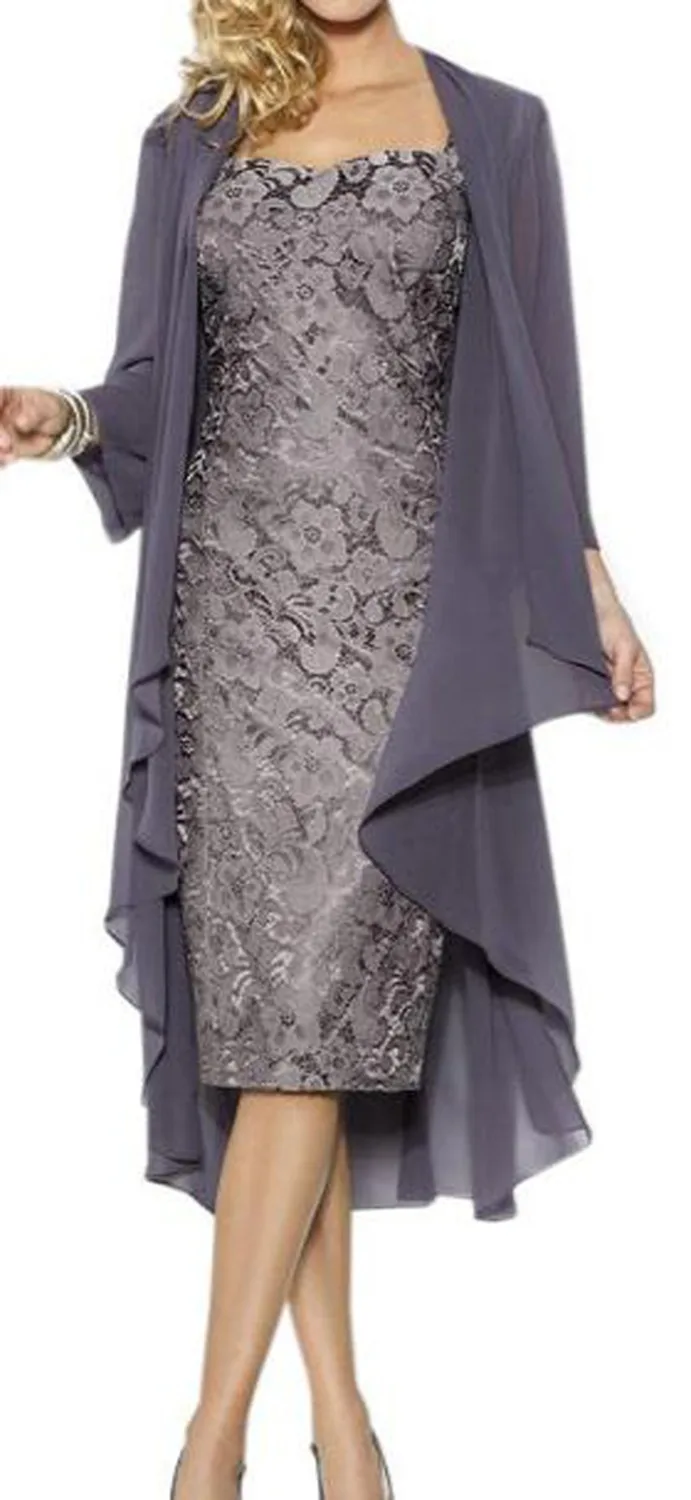 

Mother of the Bride lace Bolero Silver grey dressTwo piece suit portrait Detachable Ribbon portrait Chiffon Lace Evening Dresse
