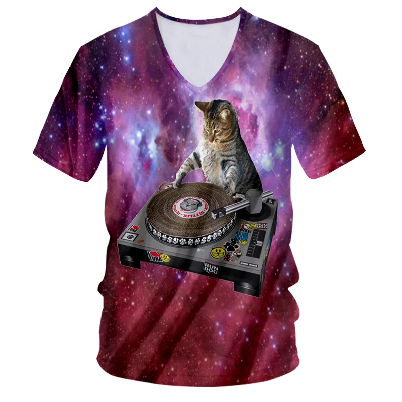 Мужская футболка с коротким рукавом UJWI 3D принтом звездного неба Djing cat Hiphop 6XL