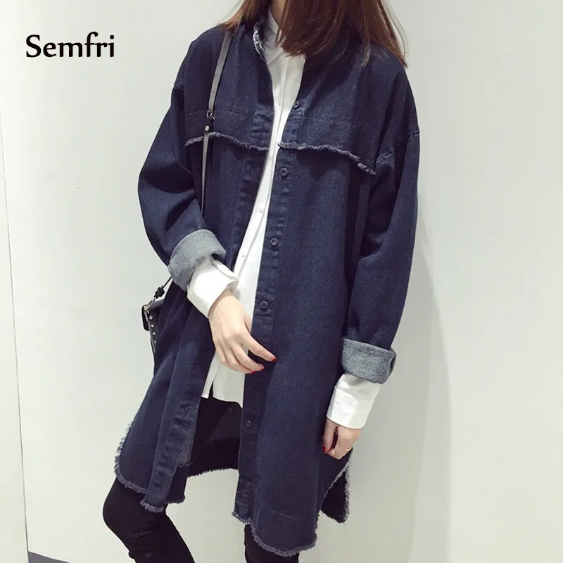 Semfri длинная джинсовая куртка для женщин винтажное свободное джинсовое пальто с