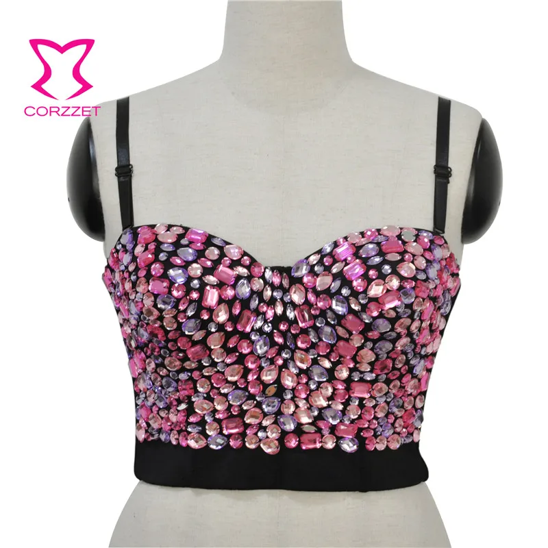 Розовый Камень Бисер Стразы ремень бюстгальтеры кроп-топы в готическом стиле с