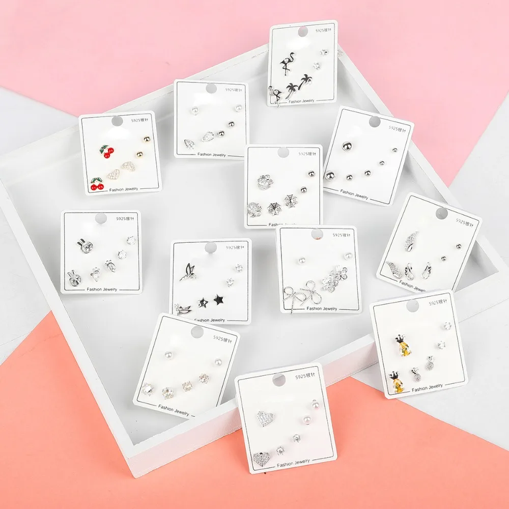 Серьги гвоздики с фианитами 6 шт./компл.|Серьги-гвоздики| |