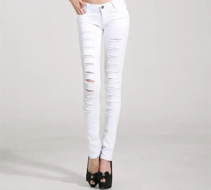 Elastic High Waist White Hole Ripped Jeans Female Slim Pantalon Femme Casual  Pencil Pants For Women Jeggings Trousers
