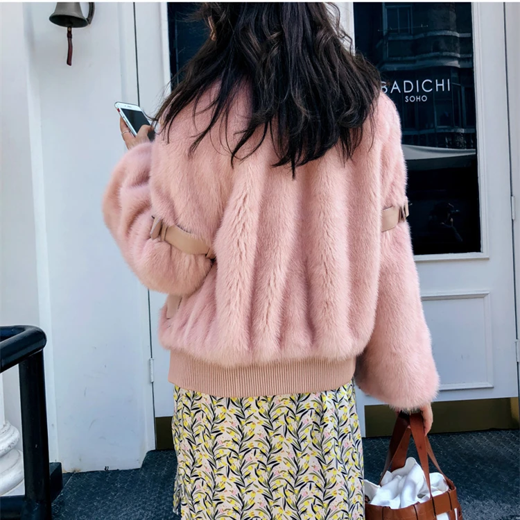 Mink Whole Fur Women short Sportswear with O-neck Collar Winter Thick Slim Warm Female Mink Fur Jacket