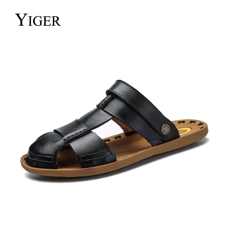 Мужские сандалии YIGER натуральная кожа цвет черный/коричневый летние тапочки