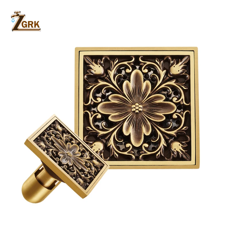 zgrk floor drains square 10cm shower drain brass floor drain trap waste grate with hair strainer bathroom shower accessories free global shipping