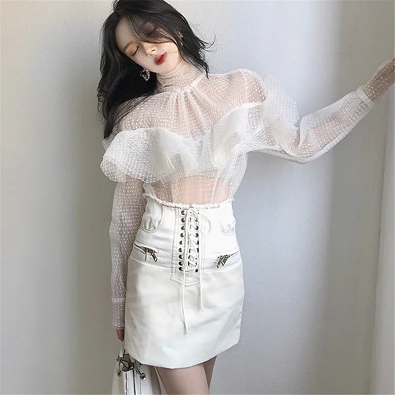 Korobov 2019 Новое поступление для женщин Блузка Стенд Collor горошек сетки Blusas корейский