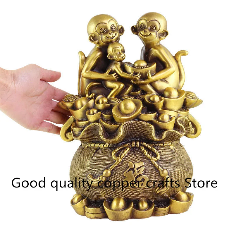 

China Brass Wealth sack three Monkey family Animal Statue