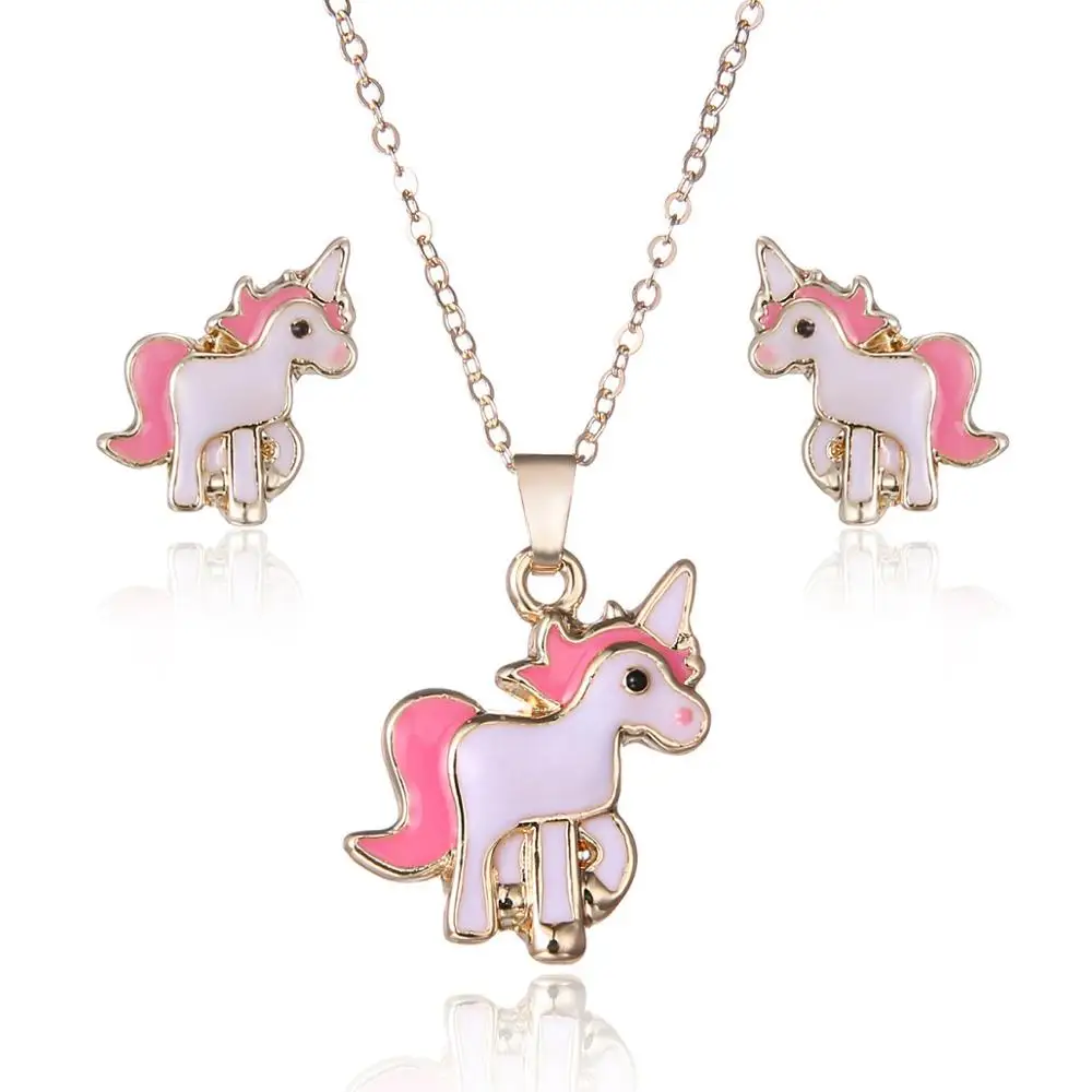 Unicorn Золотой крест ожерелья и серьги набор Единорог/Пчелы/Бульдог/кошка милые животные ювелирные изделия костюм для женщин девочек - Окраска металла: Unicorn