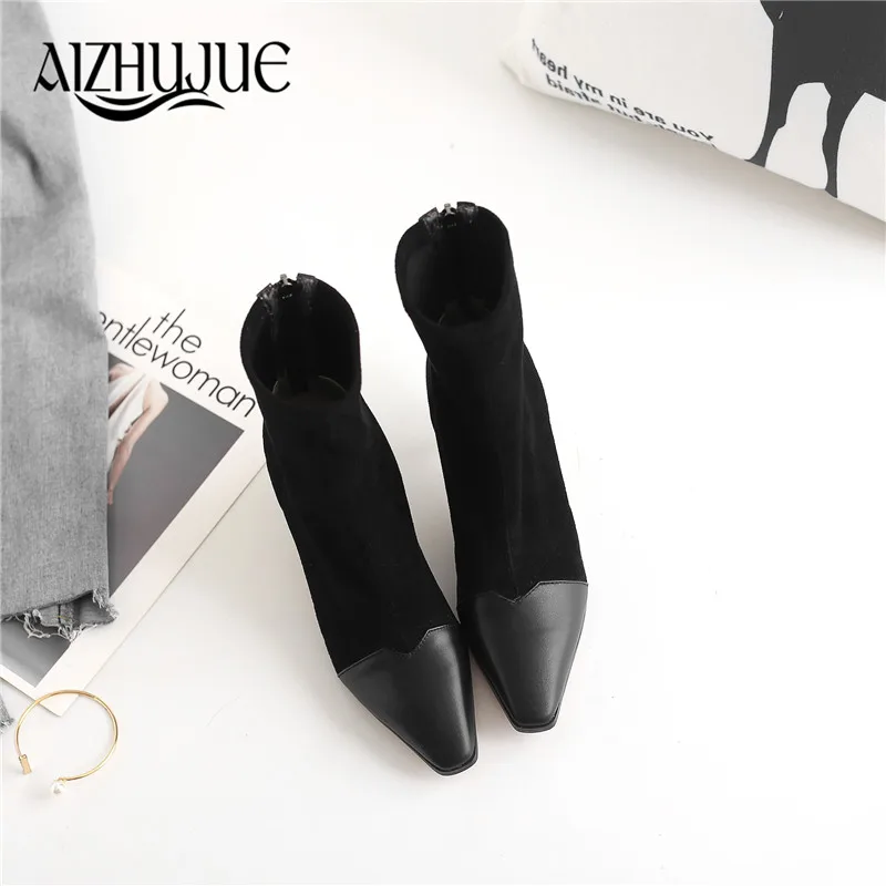 2018 женские сапоги до середины голени из флока модные с острым носком на высоком