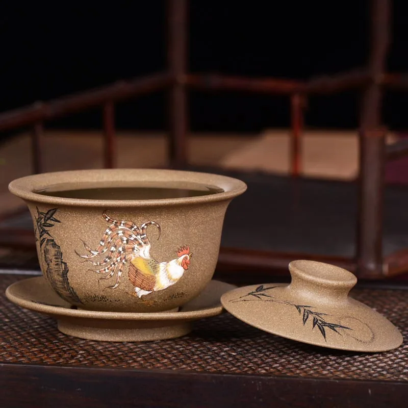 180 мл Исин высокое Класс Gaiwan Чай миска с крышкой блюдце натуральный чайник из фиолетовой глины петух картина узор посуда Zisha Чай ware
