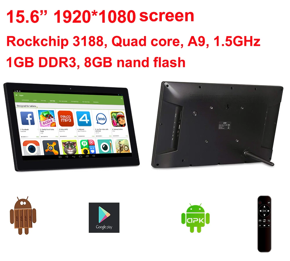 15.6 inch Android All in one pc with Remote (No touch, 1920*1080 screen,1GB DDR3, 8GB nand flash, Play store, Bluetooth, VESA)