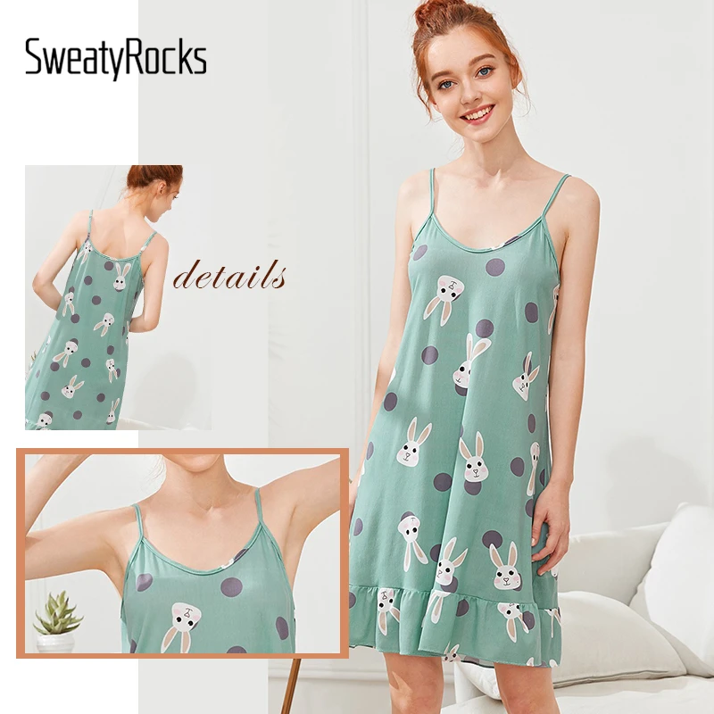 SweatyRocks/платье на бретельках с принтом кролика, с маской для глаз, лето, зеленая ночная рубашка с рюшами, ночная рубашка без рукавов, ночные платья
