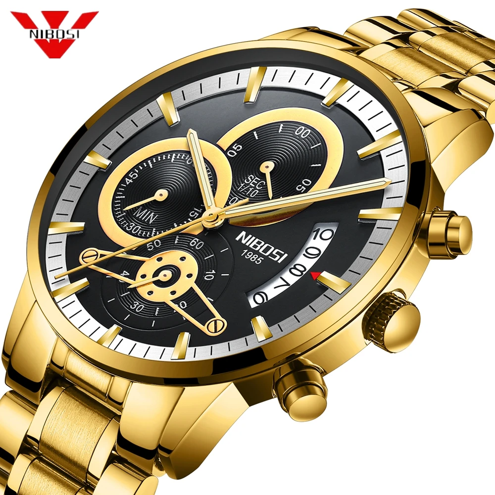 50 шт./лот DHL NIBOSI 2309-1 Мужские часы Relogio Masculino золотые черные мужские часы s водонепроницаемые кварцевые часы мужские часы