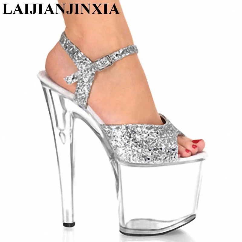 20CM Platform Crystal shoes 8 inch high heel shoes sexy women Dancer shoes silver party Dance Sandals Shoes