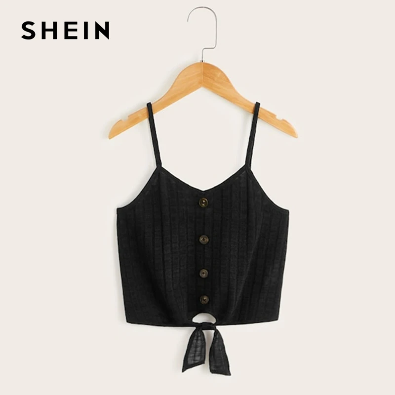 SHEIN/Детские повседневные топы на бретельках с одной пуговицей спереди для маленьких девочек; коллекция года; сезон лето; детский топ на бретельках без рукавов с бантом