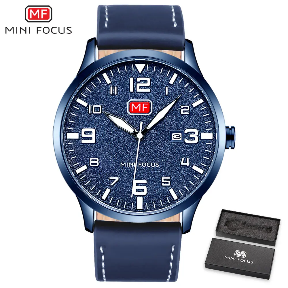 blue watch Minifocus Элитный бренд Для мужчин наручные кварцевые наручные часы Для мужчин Водонепроницаемый коричневый кожаный ремешок Мода часы Relógio Masculino - Цвет: blue watch